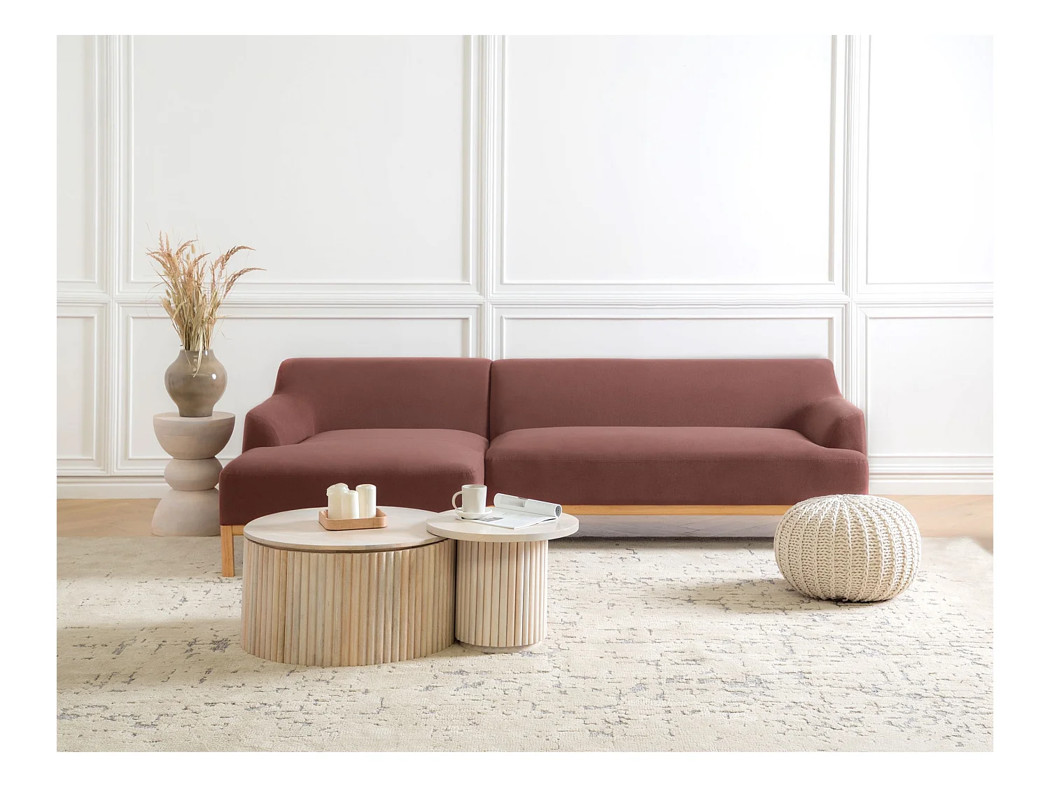 Canapé d'Angle à gauche Pieds en Bois Meuble Coin de Salon en Tissu Polyester Rouge Bordeaux Sosjo
