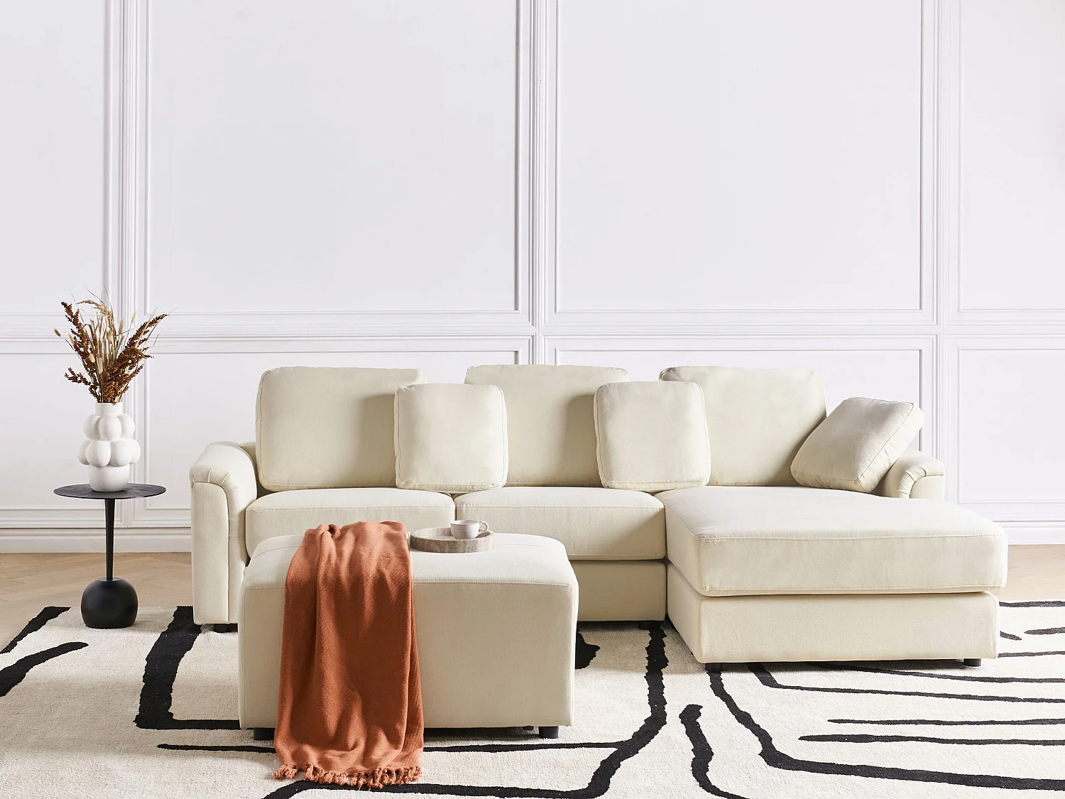 Canapé d'angle KOHLO Tissu Beige clair avec ottoman 4 places Côté gauche