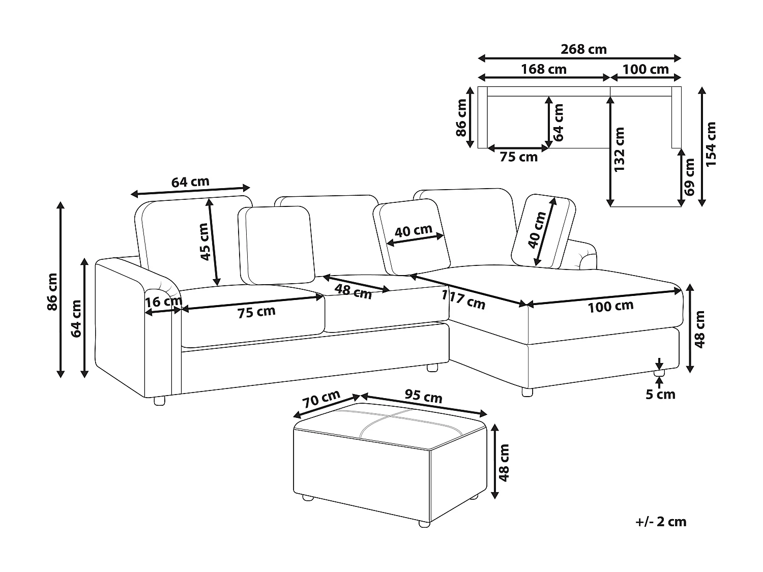 Canapé d\'angle 4 places KOHLO Tissu Beige clair avec ottoman Côté droite