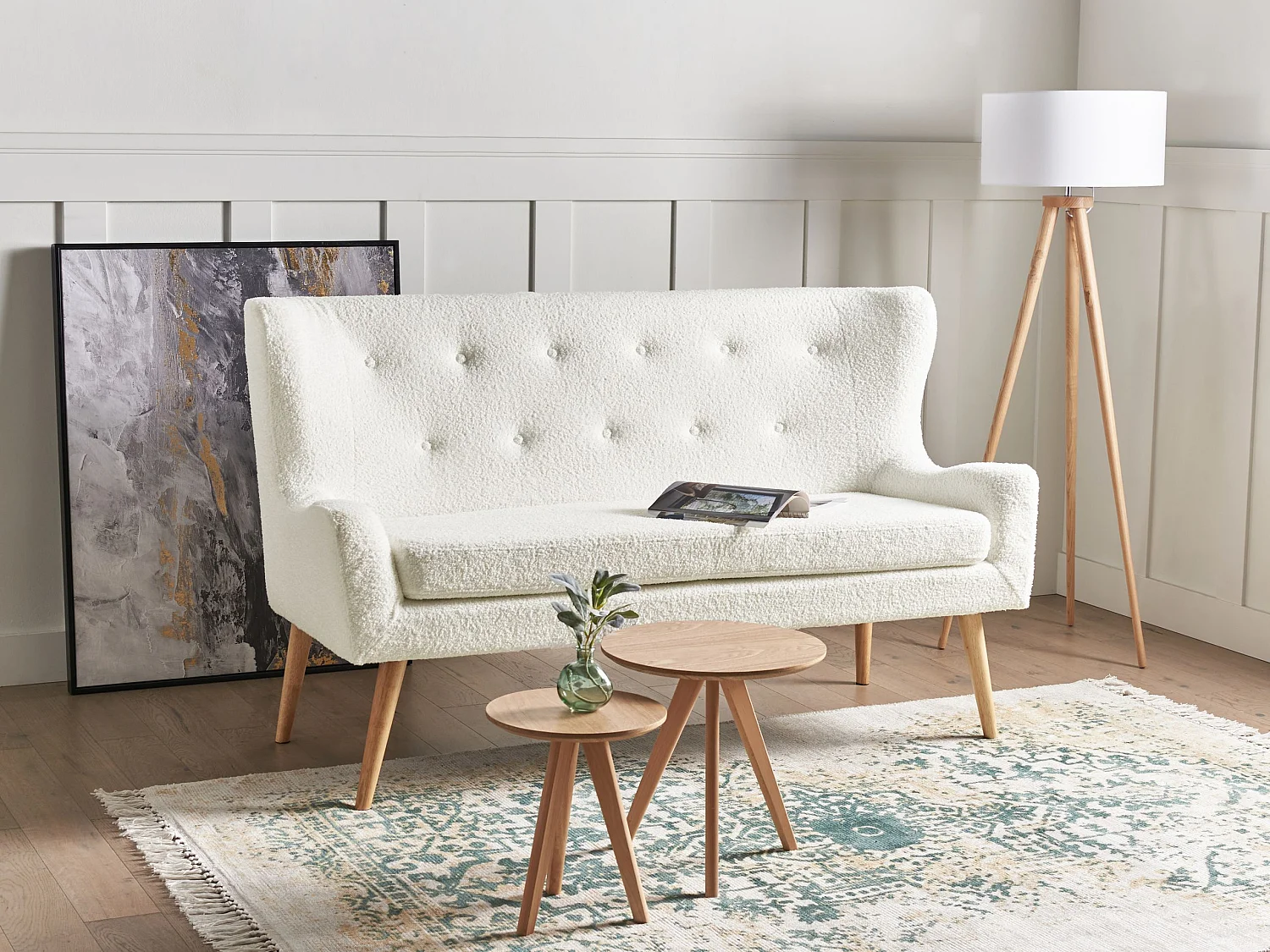 Banc rembourré 2 places SKIBBY Bouclé Blanc cassé