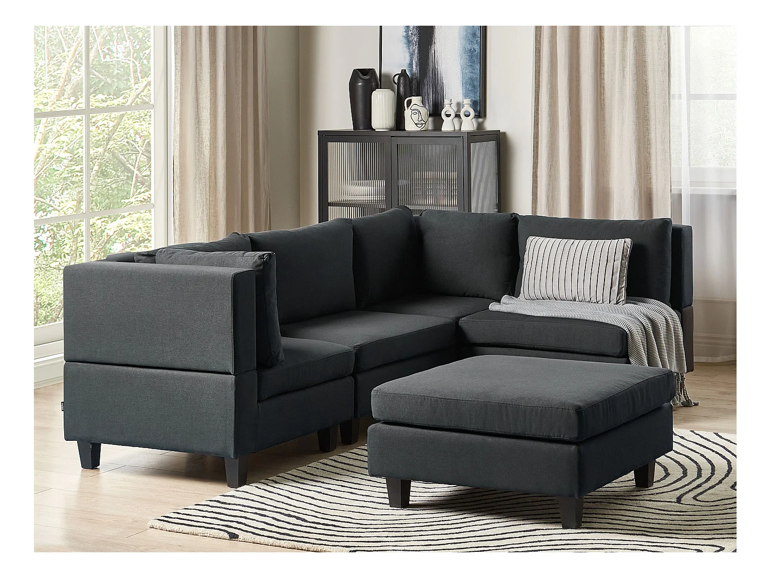 Modul Ecksofa UNSTAD Stoff Schwarz mit Ottomane 4-Sitzer linksseitig