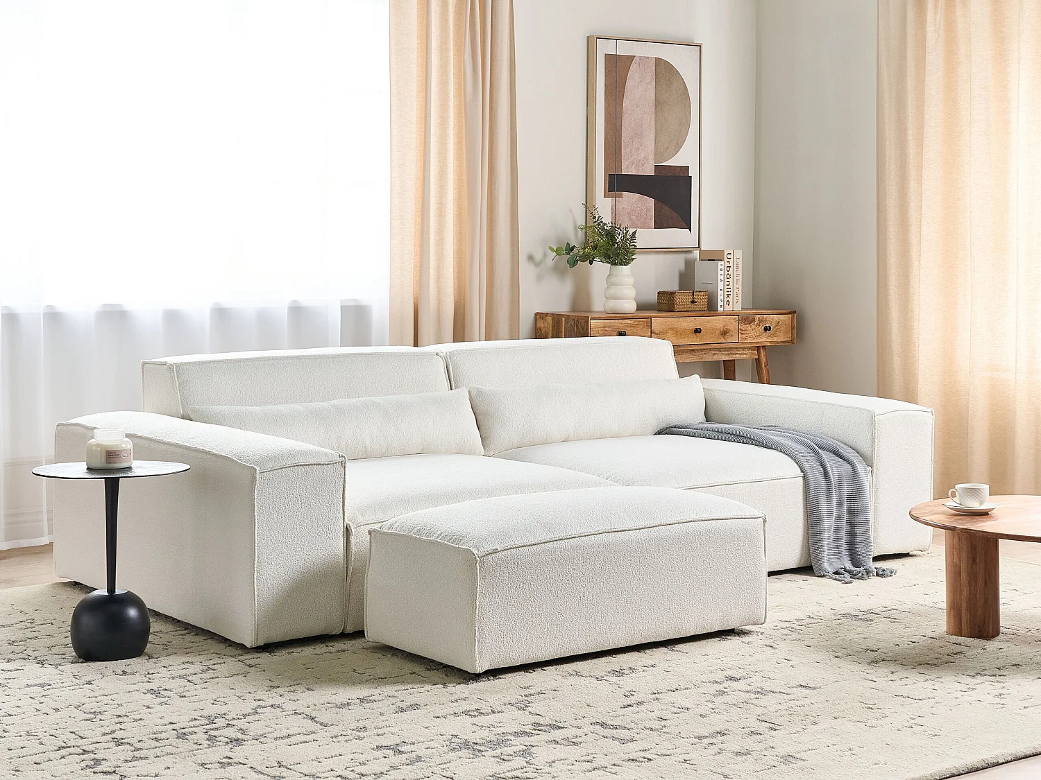 Canapé modulable HELLNAR Bouclé Blanc cassé avec ottoman 2 places