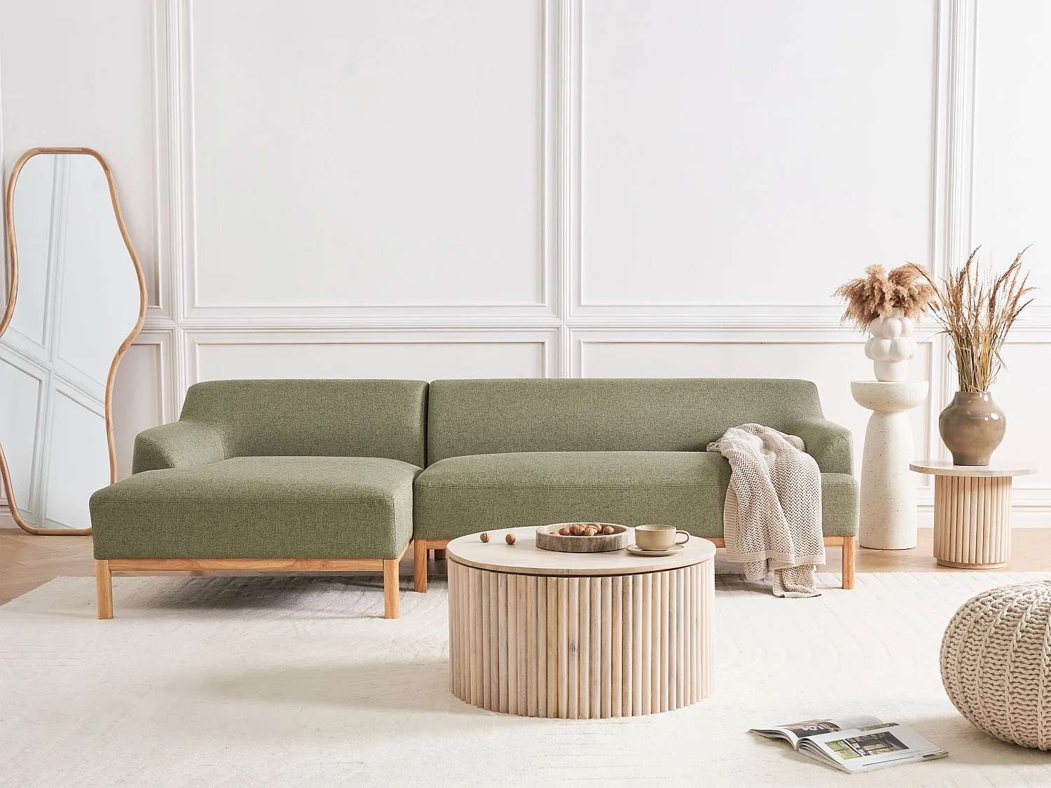 Canapé d'angle SOSJO Tissu Vert olive 3 places Côté droit