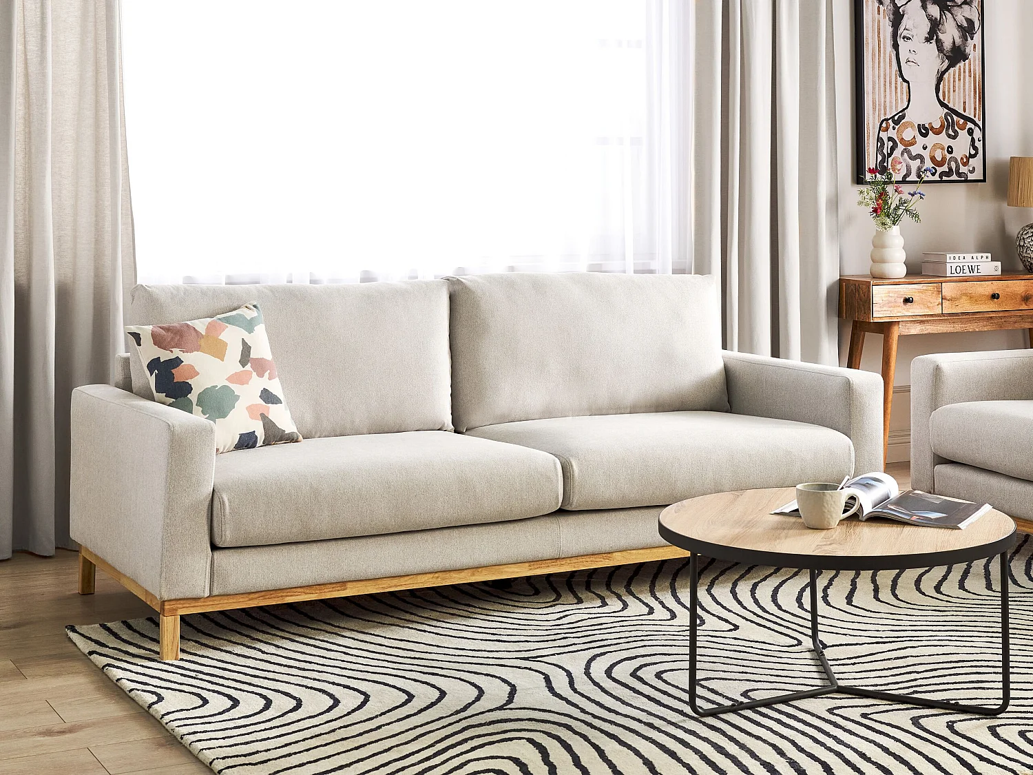 3-Sitzer Sofa Stoffbezug Beige mit Sitzkissen Armlehnen Holzbeinen Siggard