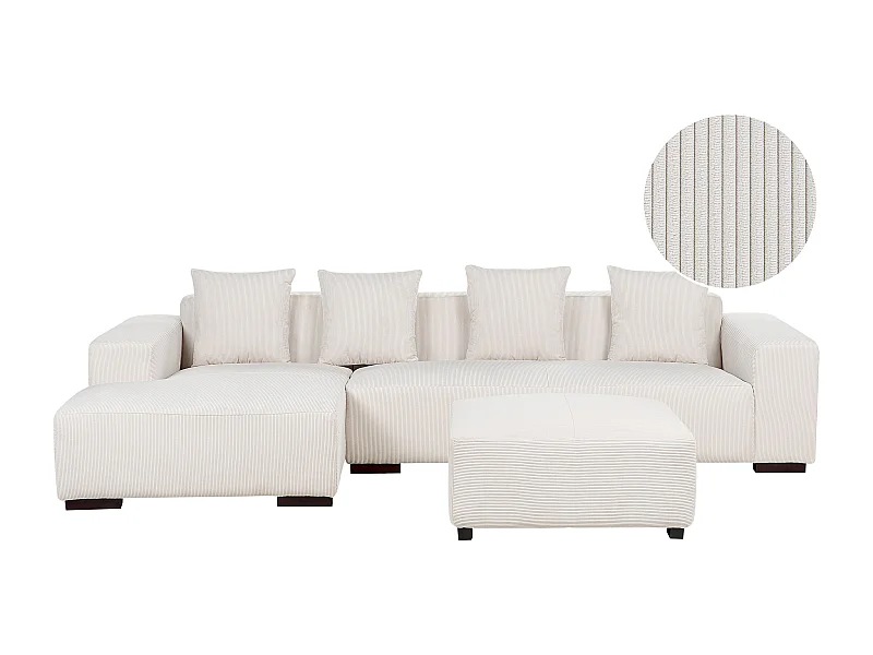 Ecksofa LUNGO Cord Cremeweiss mit Ottomane 4-Sitzer rechtsseitig