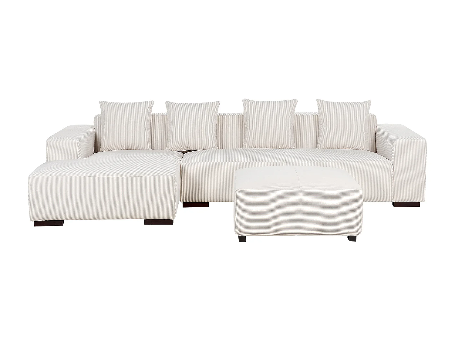 Canapé Angle à gauche 4 Places en Velours Côtelé Blanc Cassé 4 Coussins en Plus et Ottoman Lungo