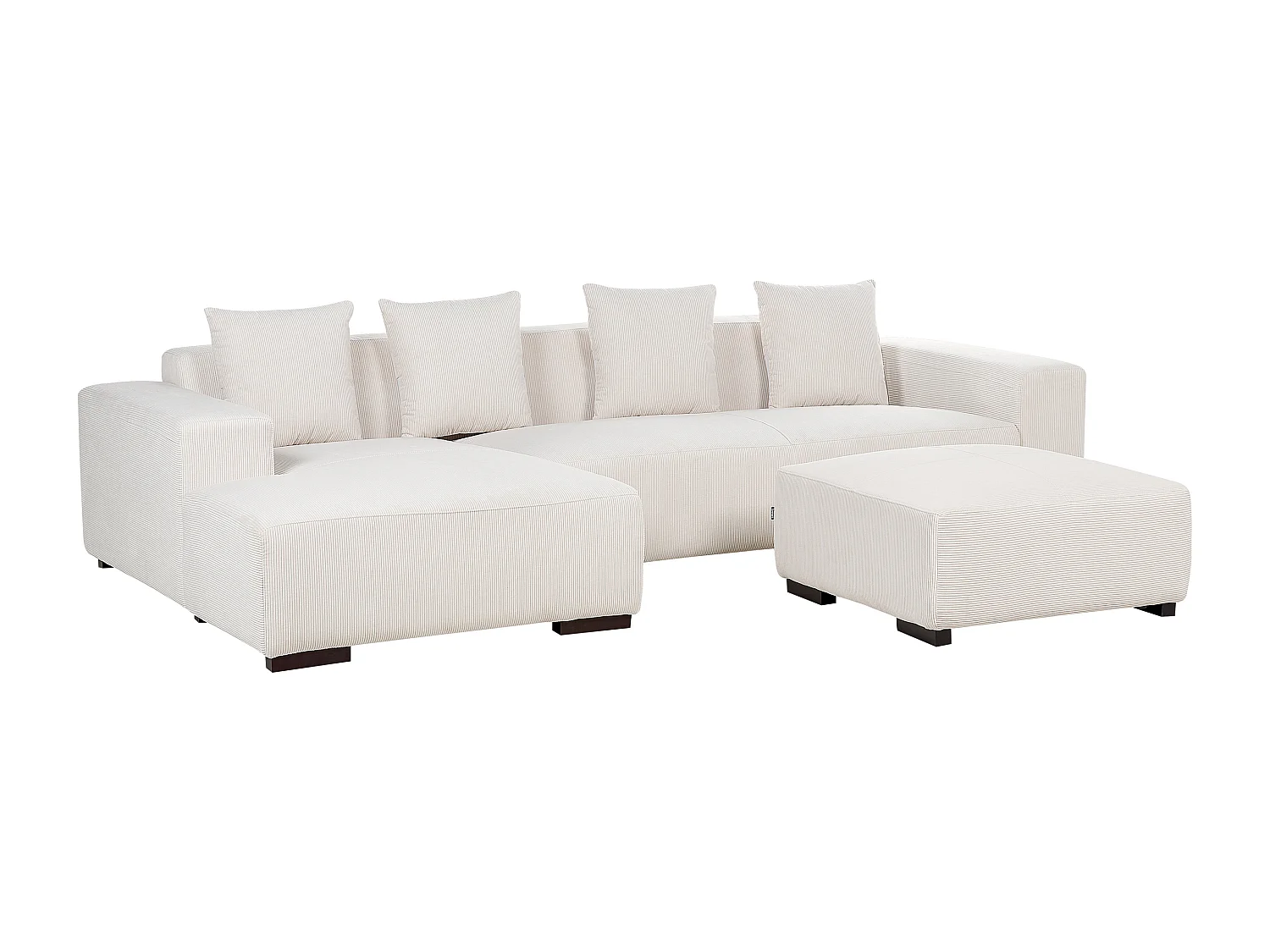 Canapé Angle à Droite 4 Places en Velours Côtelé Blanc Cassé 4 Coussins en Plus et Ottoman Lungo