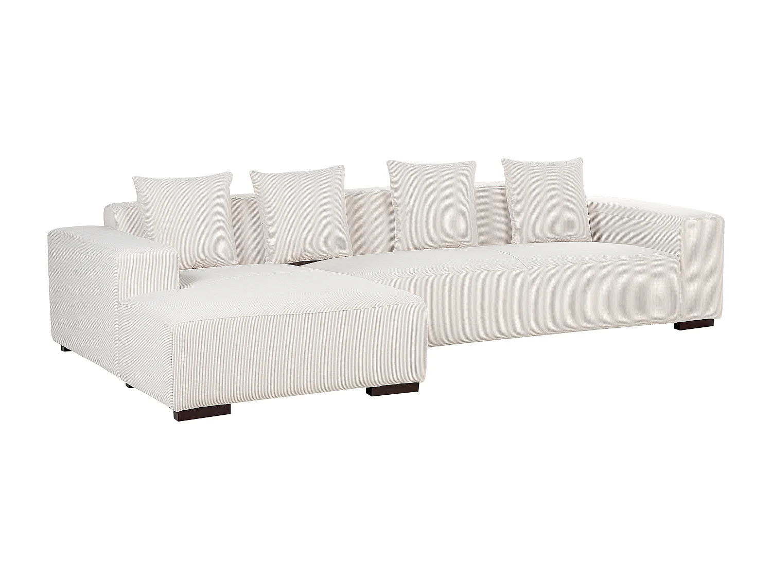 Canapé Angle à Droite 4 Places en Velours Côtelé Blanc Cassé 4 Coussins en Plus et Ottoman Lungo