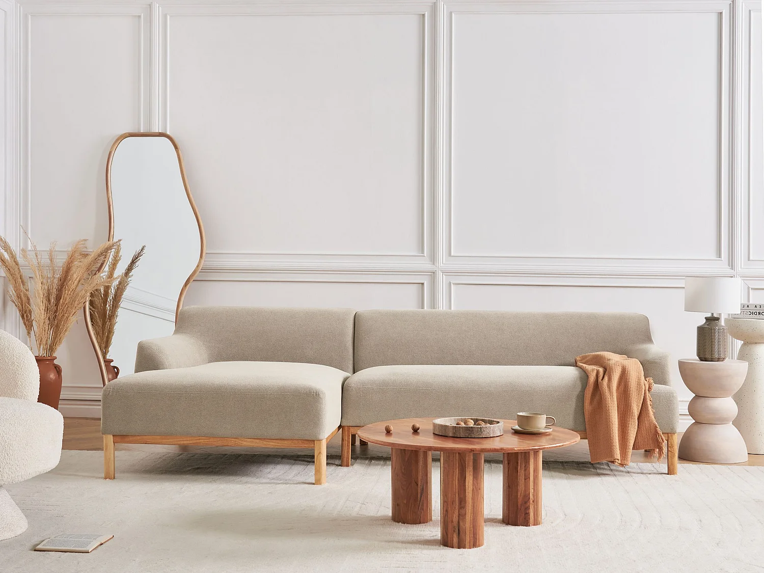 Canapé d'Angle à gauche Pieds en Bois Meuble Coin de Salon en Tissu Polyester Taupe Sosjo