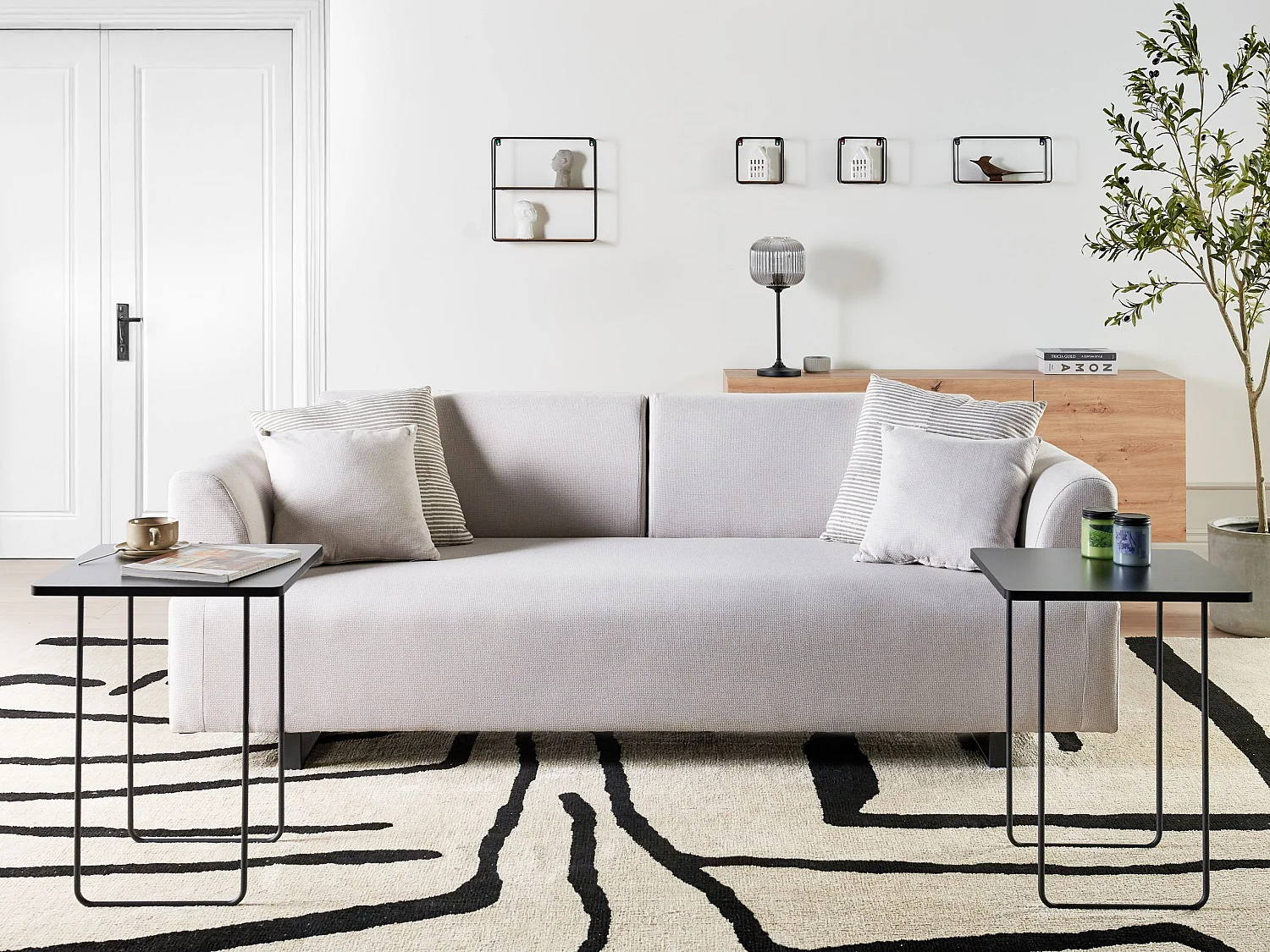 Canapé 3 places SOKNA Tissu Beige clair avec tables