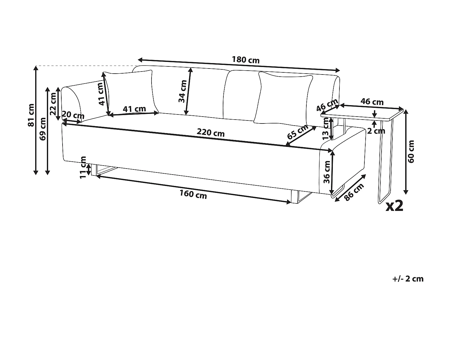 3-Sitzer Sofa Abnehmbare Armlehnen und Rückenlehne mit 2 Beistelltischen Beige Sokna