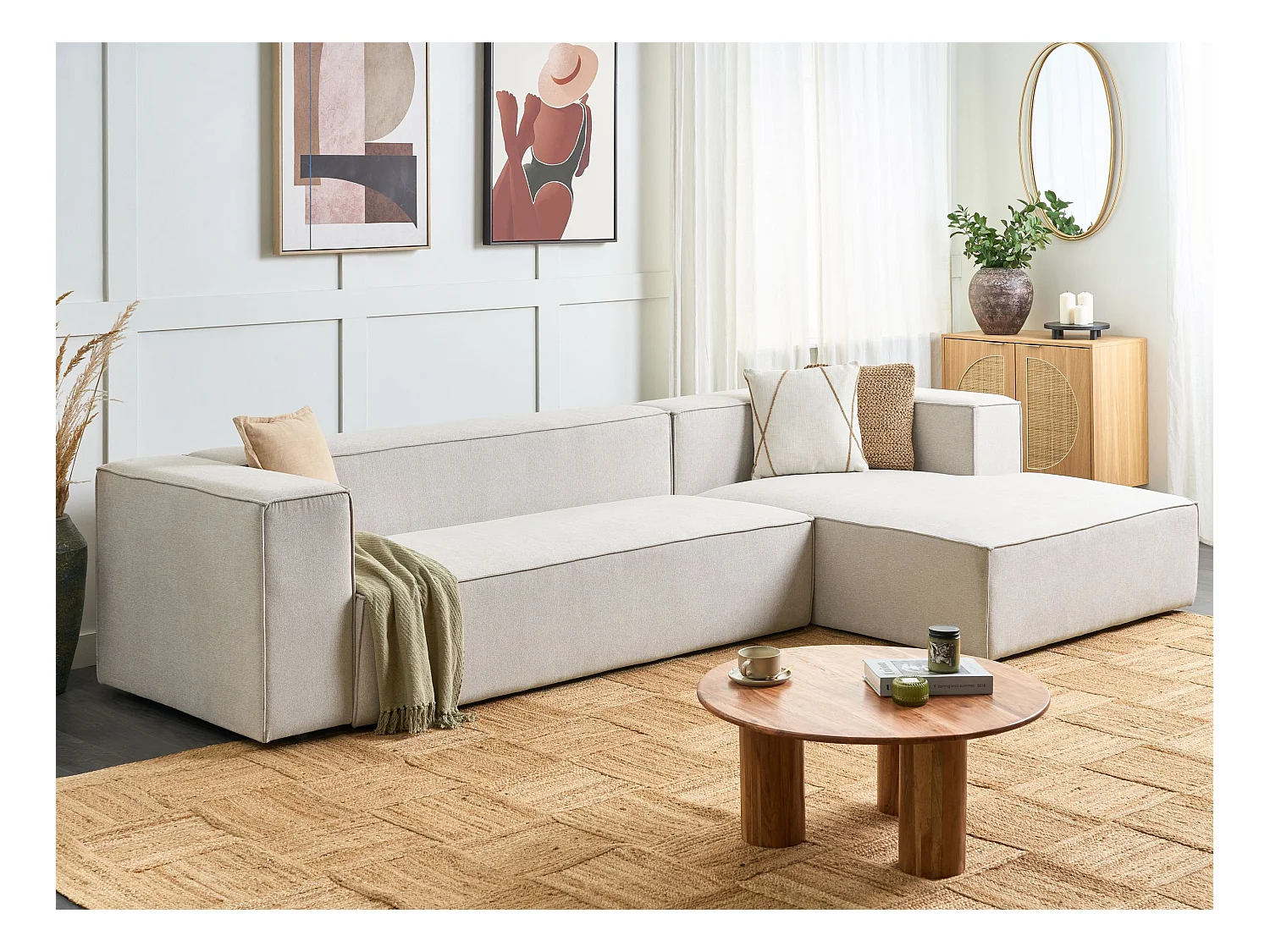 Canapé d'Angle Côté droite 3 Places en Velours Beige Minimaliste Rembourré Vernon