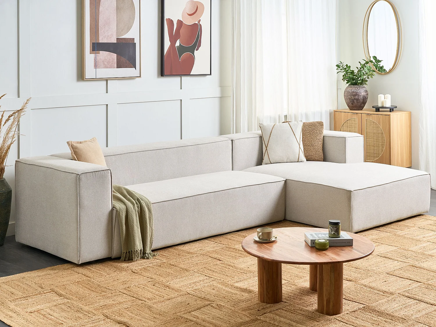 Canapé d'angle VERNON Tissu Beige clair 3 places Côté gauche