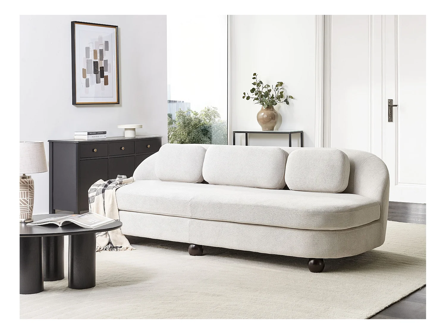 Canapé 3 places FANSEN Tissu Blanc cassé avec coussin