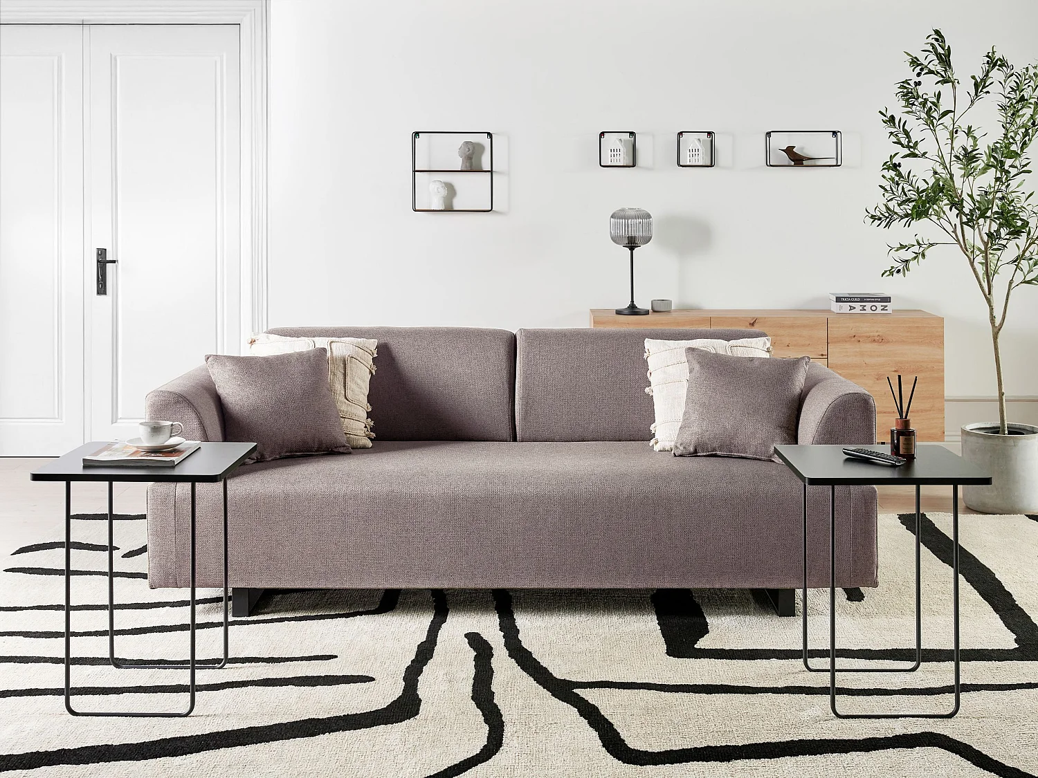 Canapé 3 places SOKNA Tissu Taupe avec tables