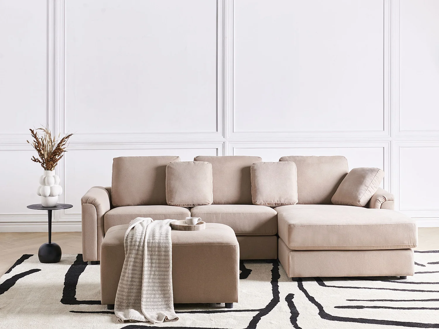 Canapé d'angle KOHLO Tissu Taupe avec ottoman 4 places Côté gauche