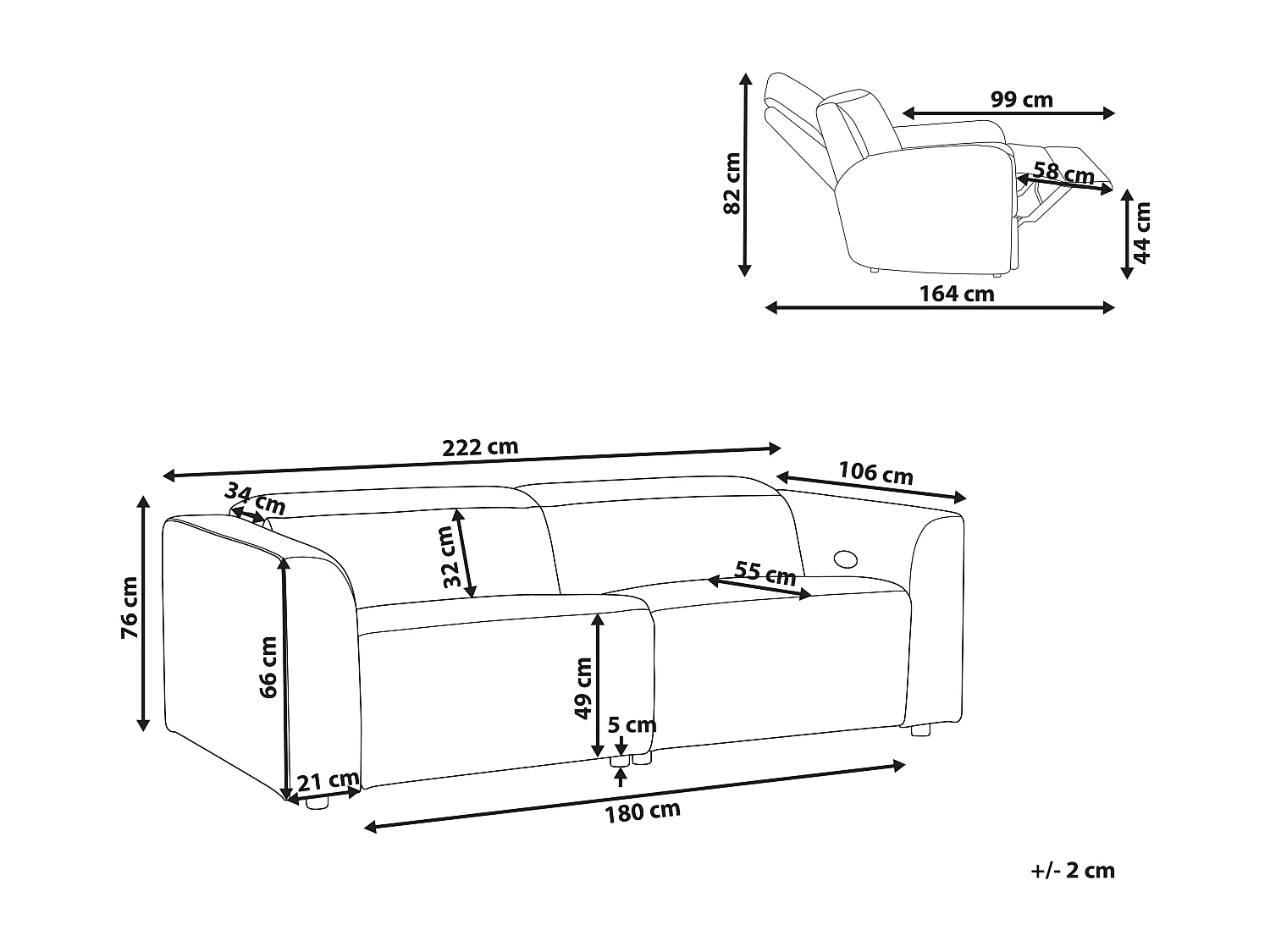 Stoffsofa 2-Sitzer elektrisch verstellbar mit USB-Anschluss Cord Sandbeige ULVEN