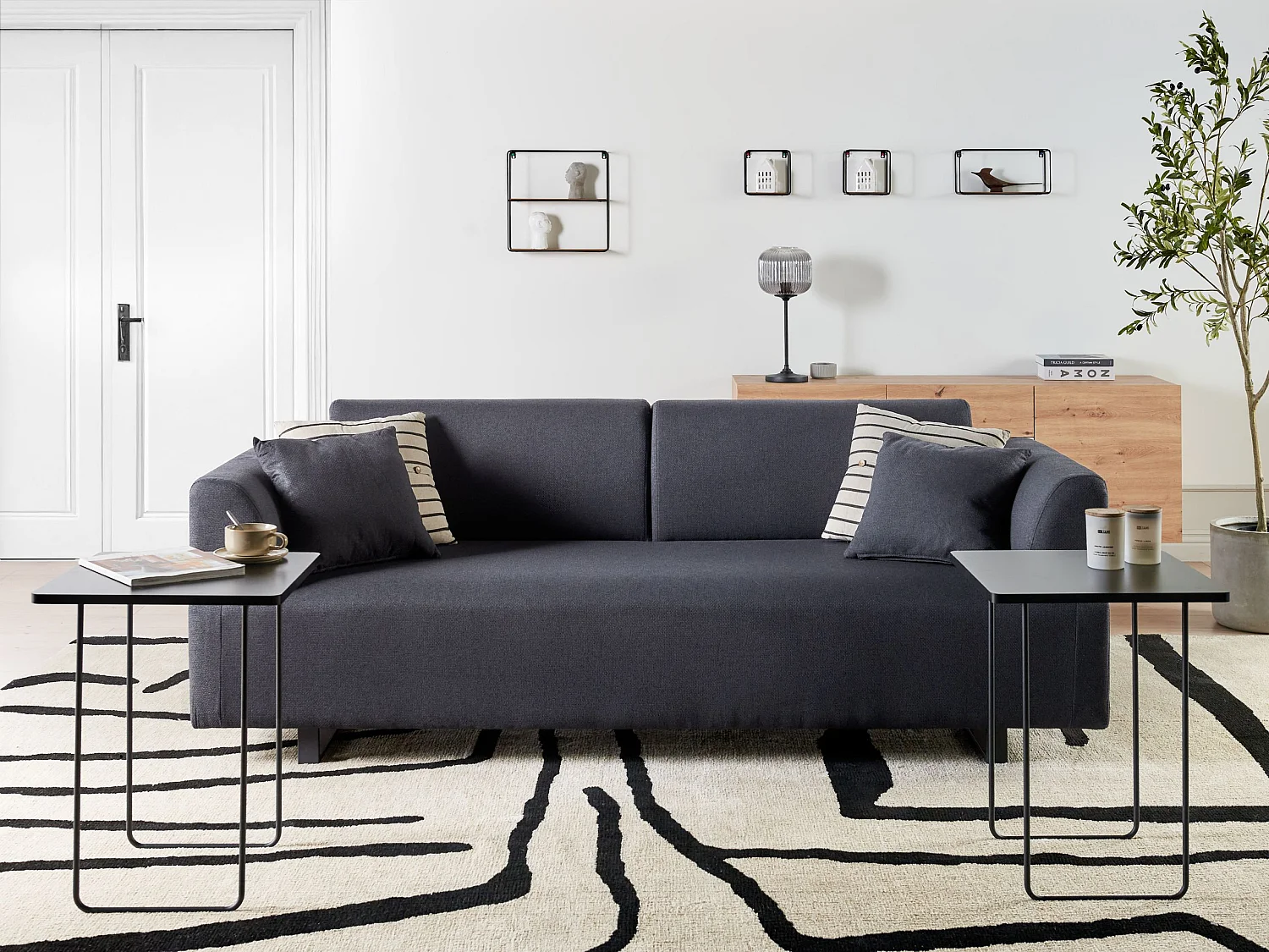 Canapé 3 places SOKNA Tissu Noir avec tables