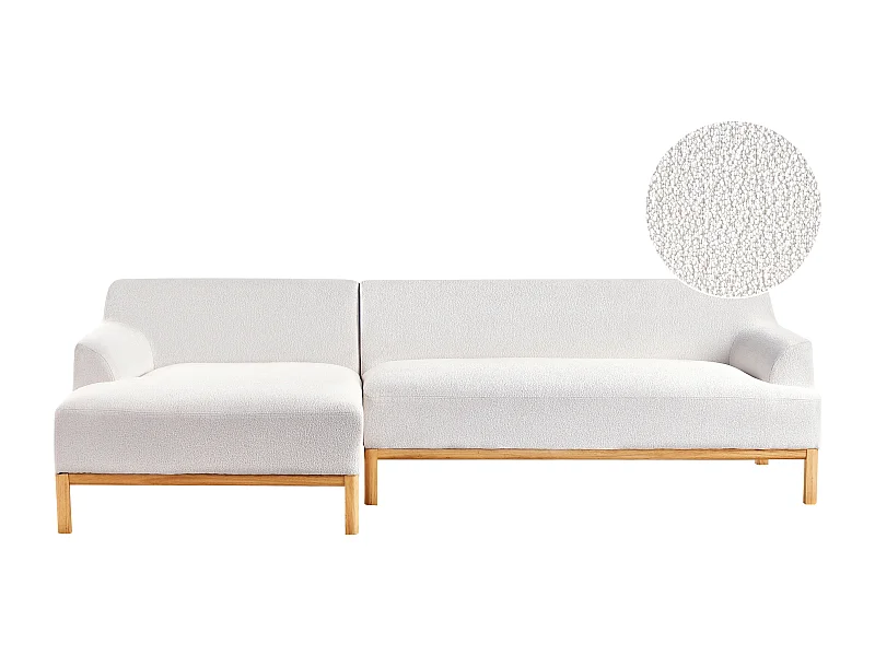 Canapé d'Angle à gauche Pieds en Bois Meuble Coin de Salon en Tissu Bouclé Blanc Cassé Sosjo