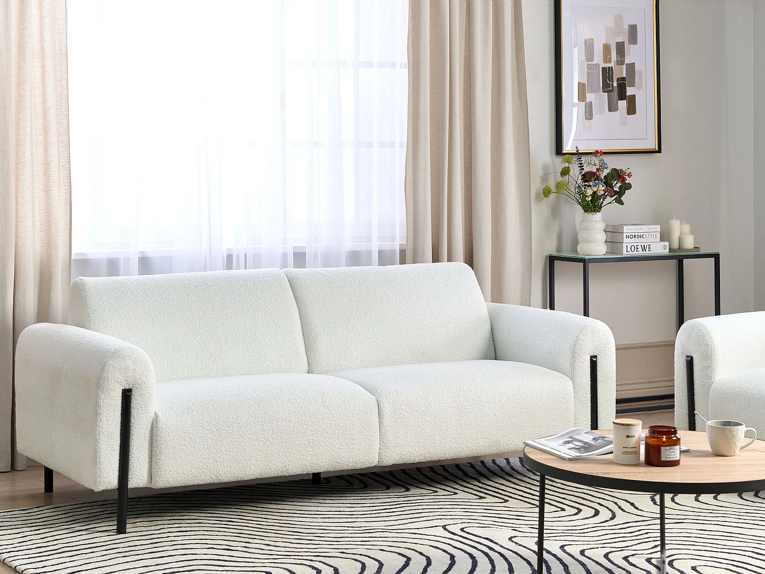 3-Sitzer Sofa Bouclé weiß verstellbare Rückenlehne Metallfüße schwarz Askim