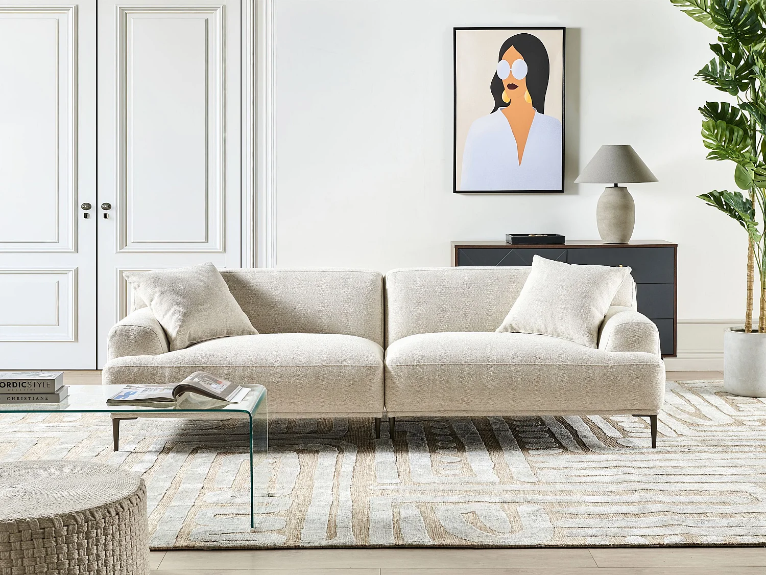 3-Sitzer Sofa Stoffbezug beige Metallbeine tiefe Sitzfläche Dekokissen Matila