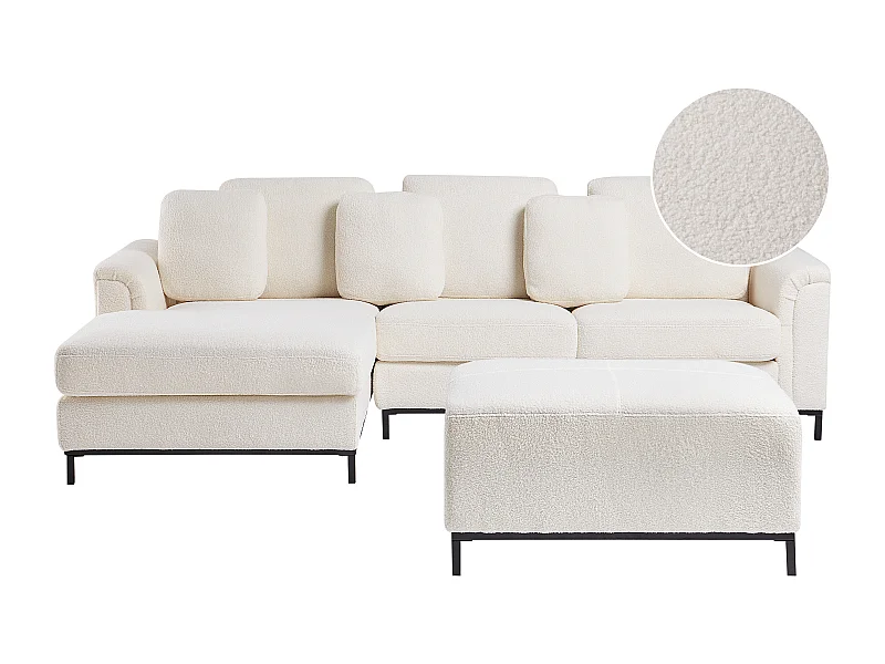 Divano angolare OSLO Bouclé Bianco con ottomana 5 posti Lato destro