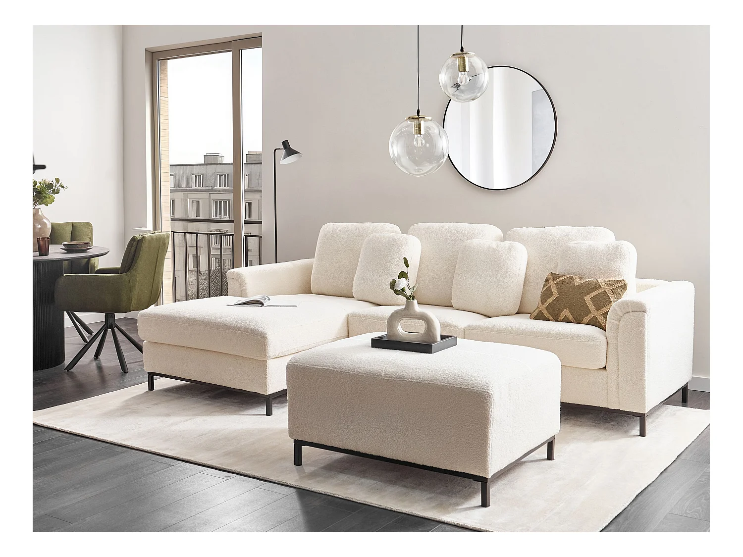 Canapé d'Angle à gauche Salon Moderne en Forme de L avec Pouf Tapissé en Tissu Bouclé Blanc Oslo