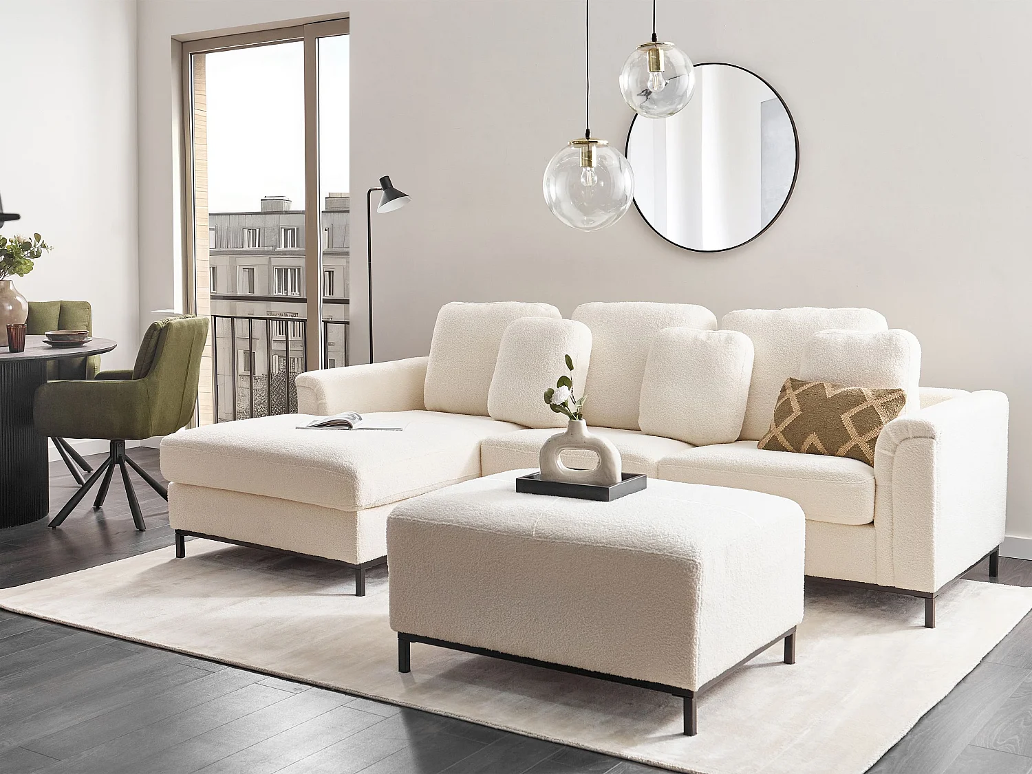 Canapé d'angle OSLO Bouclé Blanc avec ottoman 5 places Côté droit