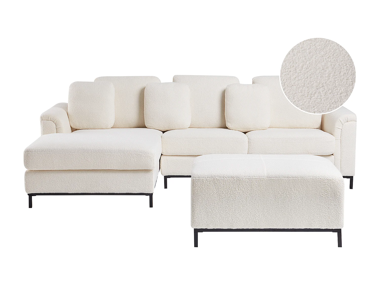 Canapé d'angle OSLO Bouclé Blanc avec ottoman 5 places Côté droit