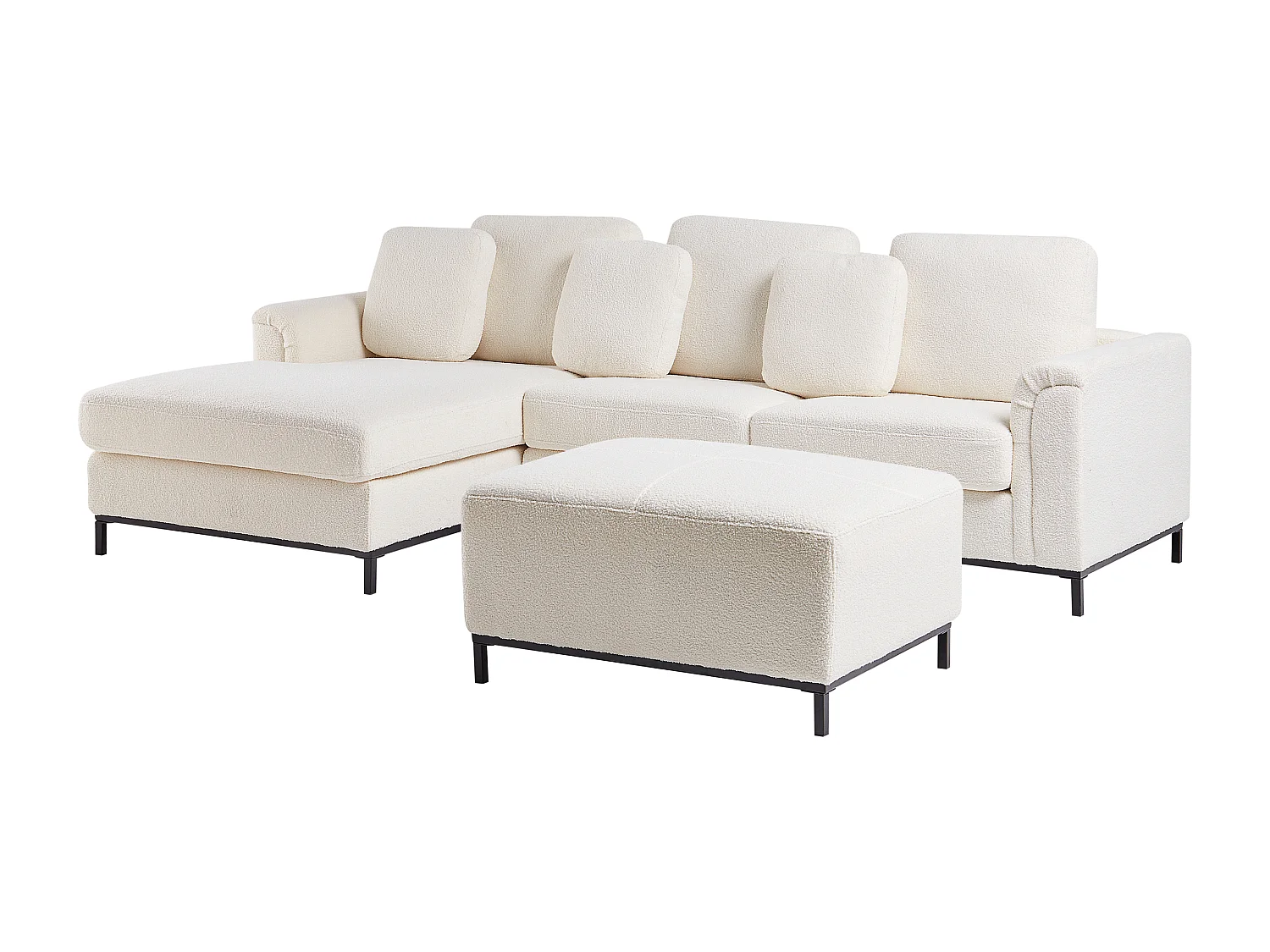 Canapé d'angle OSLO Bouclé Blanc avec ottoman 5 places Côté droit