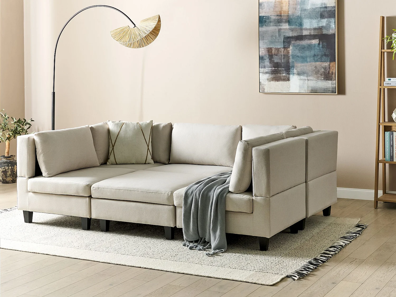 UNSTAD Tessuto Beige chiaro con ottomana 5 posti