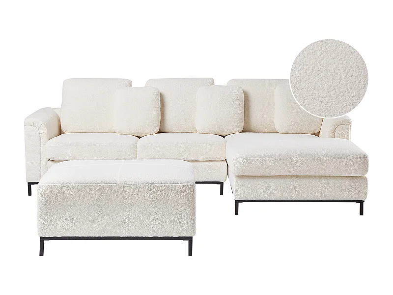 Divano angolare OSLO Bouclé Bianco con ottomana 5 posti Lato Sinistro