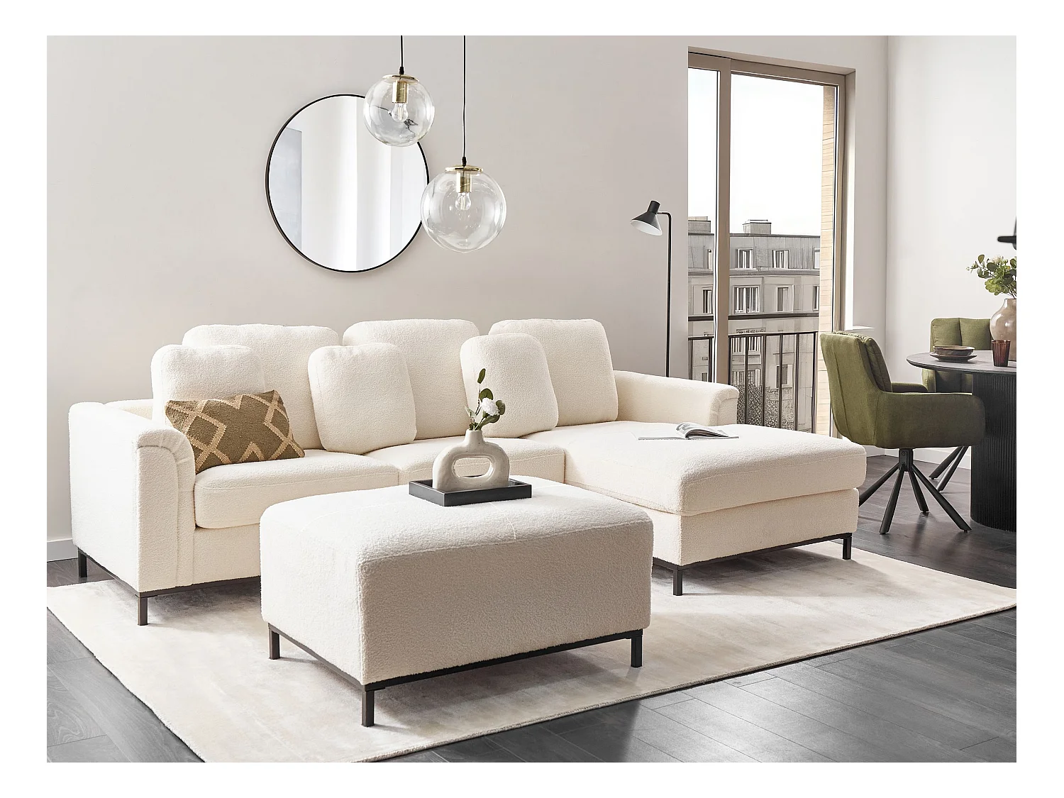 Canapé d'Angle à droite Salon Moderne en Forme de L avec Pouf Tapissé en Tissu Bouclé Blanc Oslo