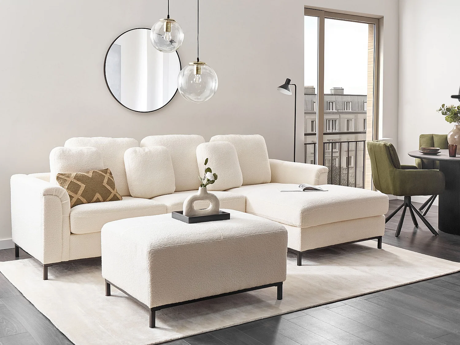 Canapé d'angle OSLO Bouclé Blanc avec ottoman 5 places Côté gauche