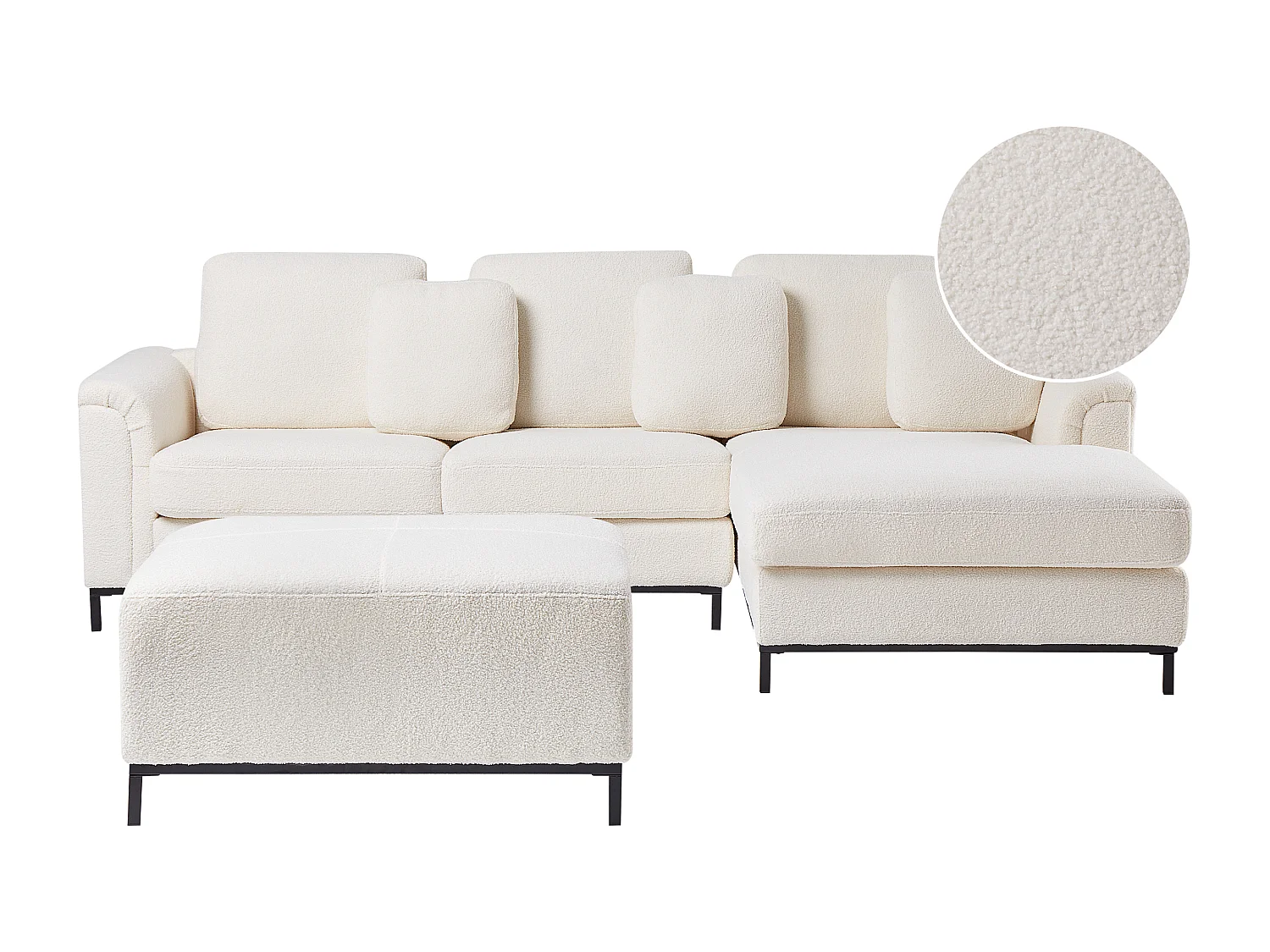 Canapé d'angle OSLO Bouclé Blanc avec ottoman 5 places Côté gauche