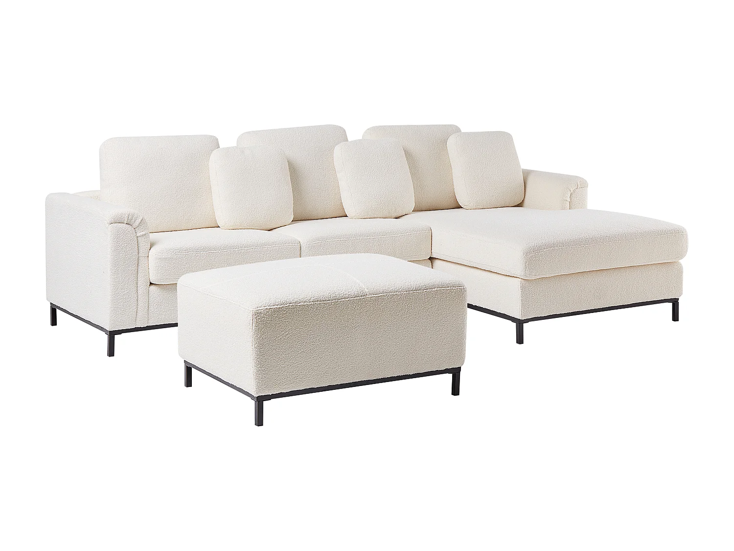Canapé d'angle OSLO Bouclé Blanc avec ottoman 5 places Côté gauche