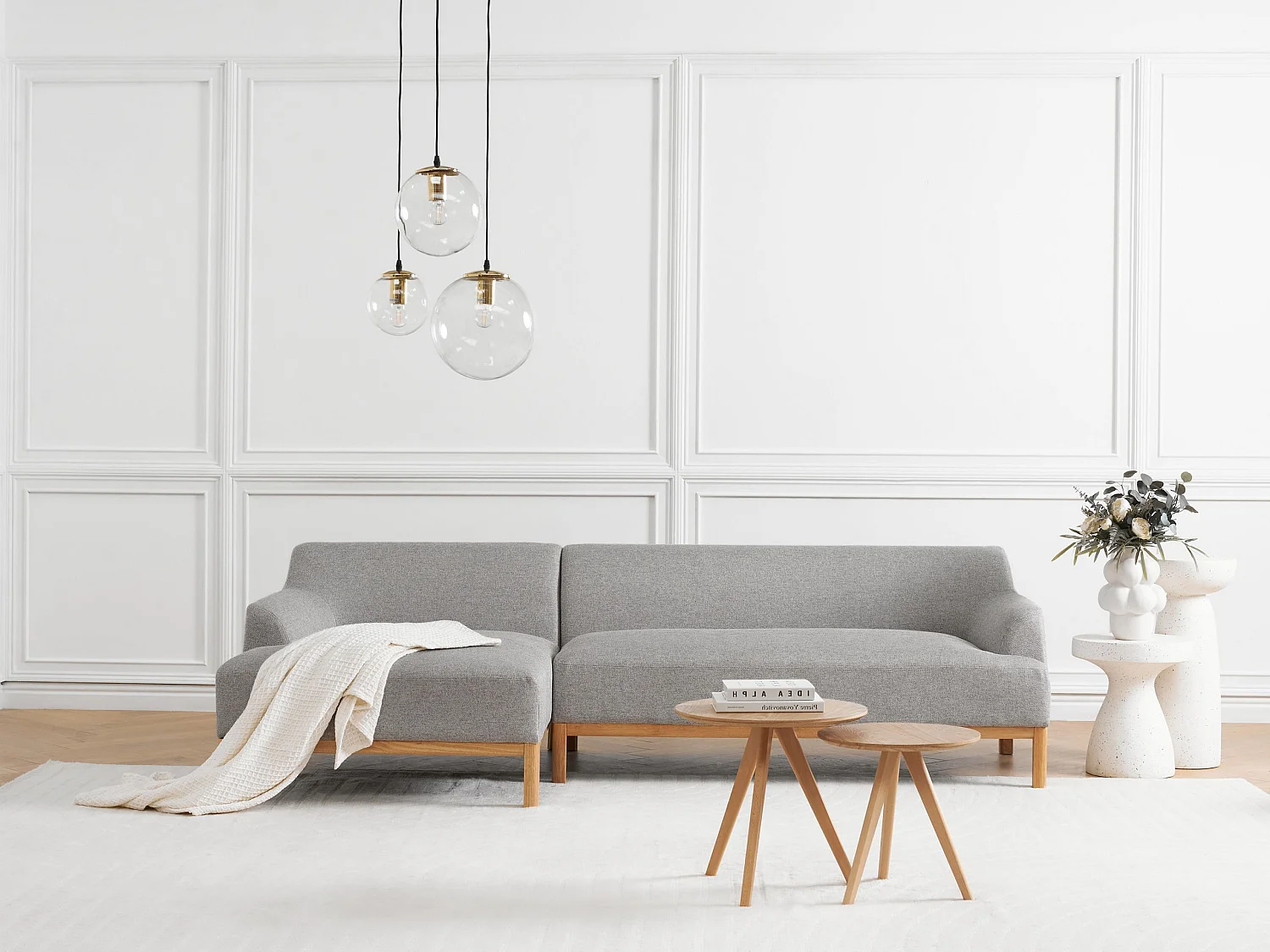 Canapé d'Angle à gauche Pieds en Bois Meuble Coin de Salon en Tissu Polyester Gris Sosjo