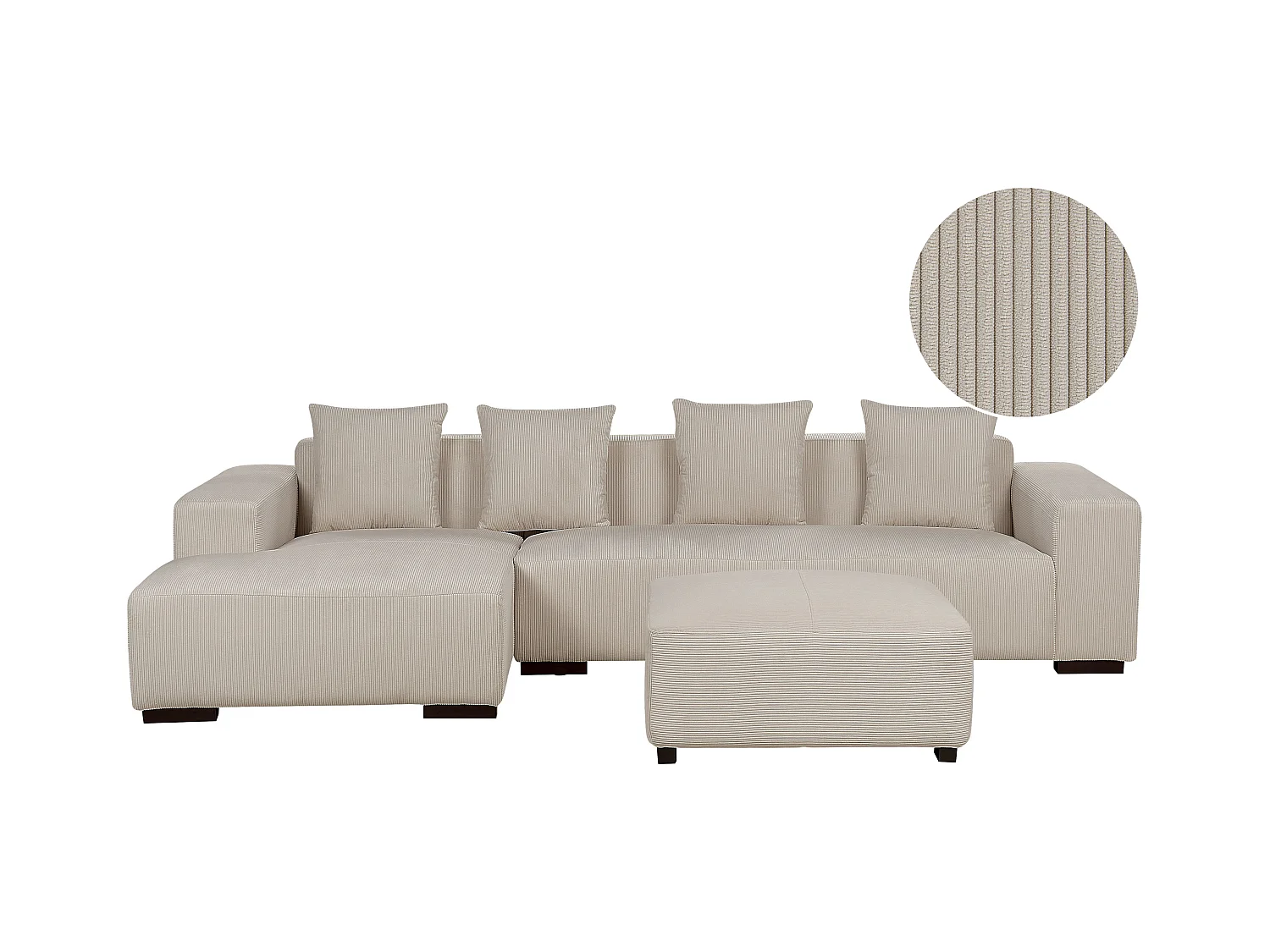Canapé Angle à gauche 4 Places en Velours Côtelé Beige 4 Coussins Supplémentaires et Ottoman Lungo
