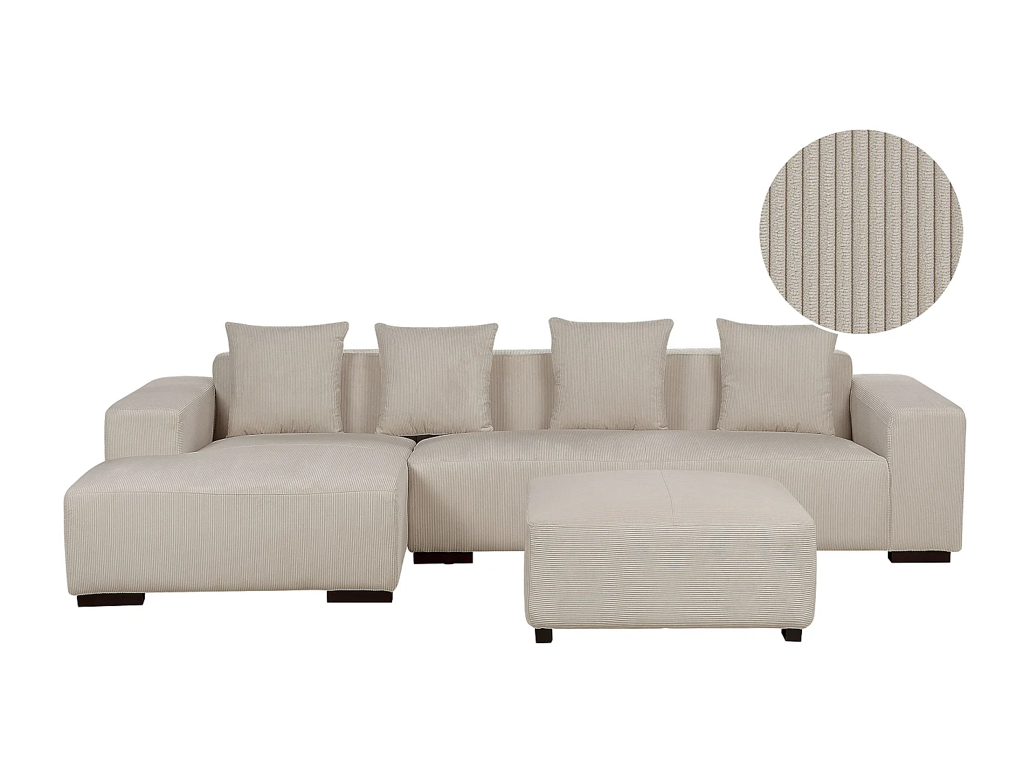 Canapé Angle à Droite 4 Places en Velours Côtelé Beige 4 Coussins Supplémentaires et Ottoman Lungo