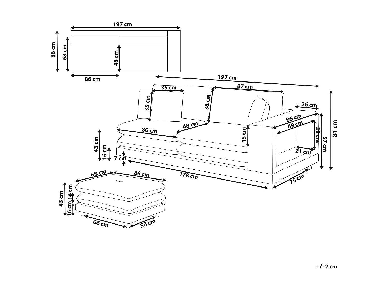Sofa HEDEN Stoff Grau mit Ottomane 2-Sitzer