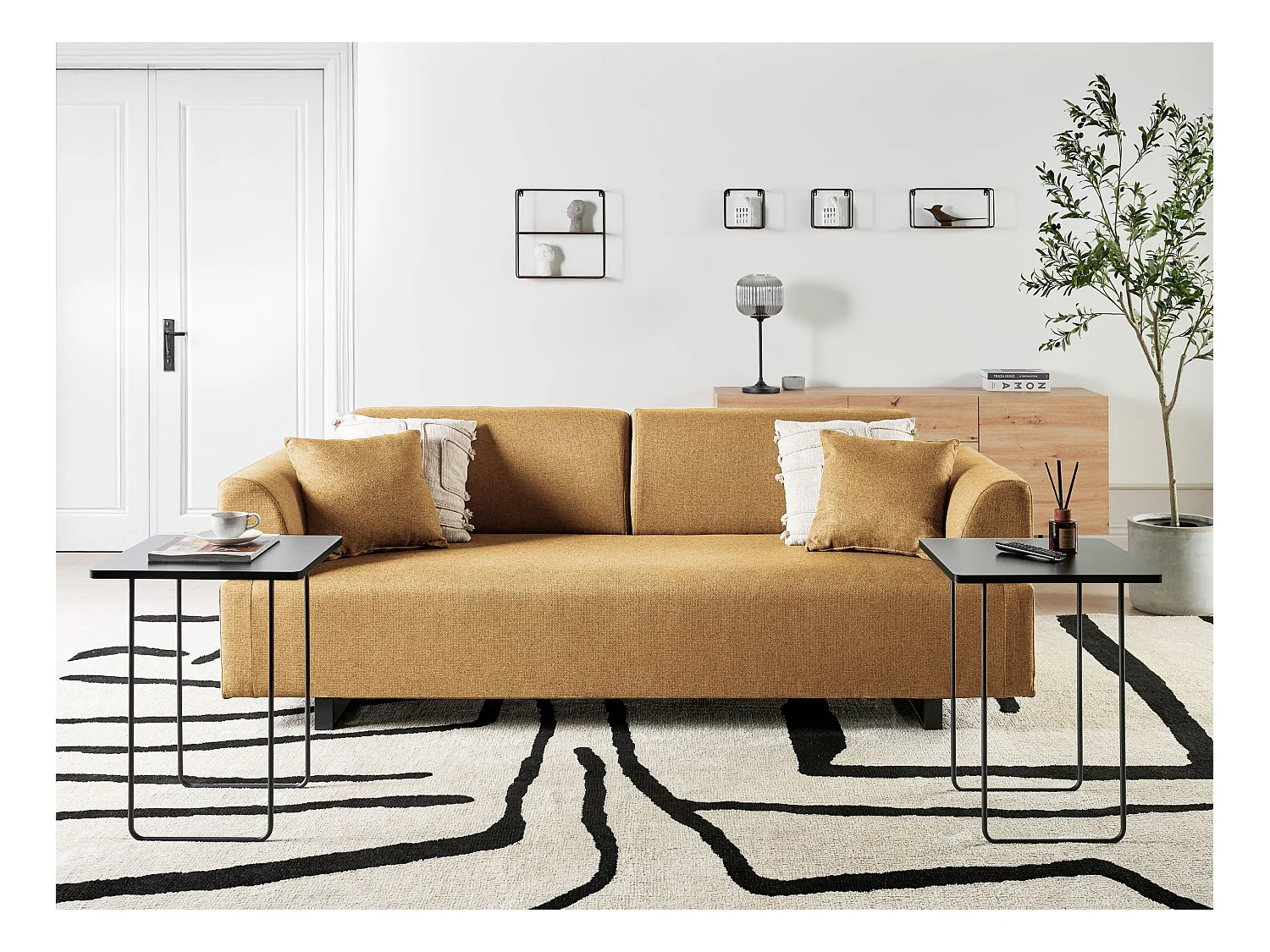 Canapé 3 places SOKNA Tissu Moutarde avec tables