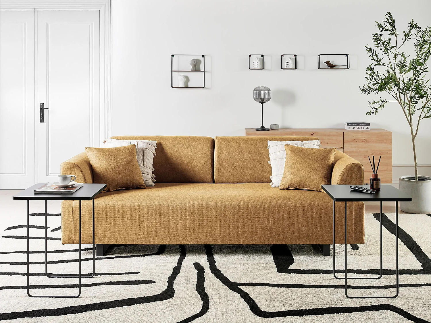 Canapé 3 places SOKNA Tissu Moutarde avec tables