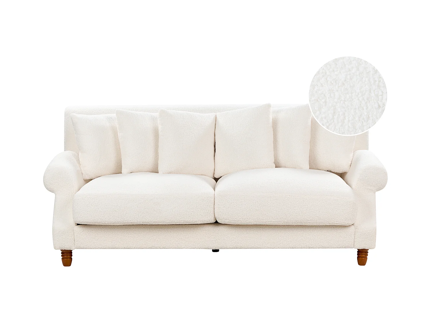 2-Sitzer Sofa Bouclé Stoffbezug weiß mit mehreren Kissen Polstersofa Retro Eike