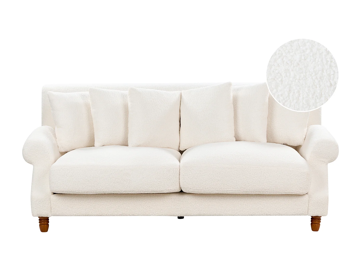 2-Sitzer Sofa Bouclé Stoffbezug weiß mit mehreren Kissen Polstersofa Retro Eike