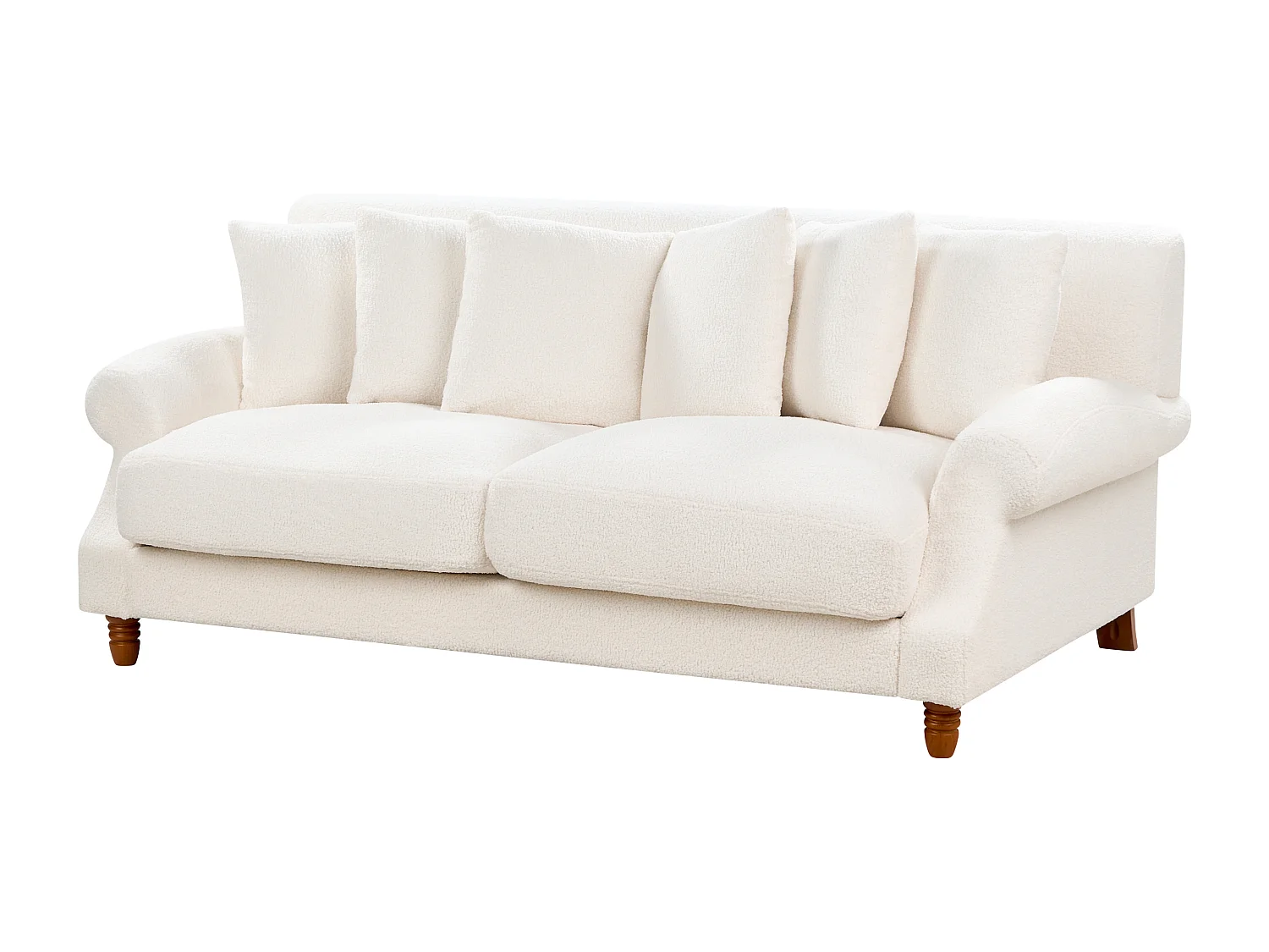 2-Sitzer Sofa Bouclé Stoffbezug weiß mit mehreren Kissen Polstersofa Retro Eike