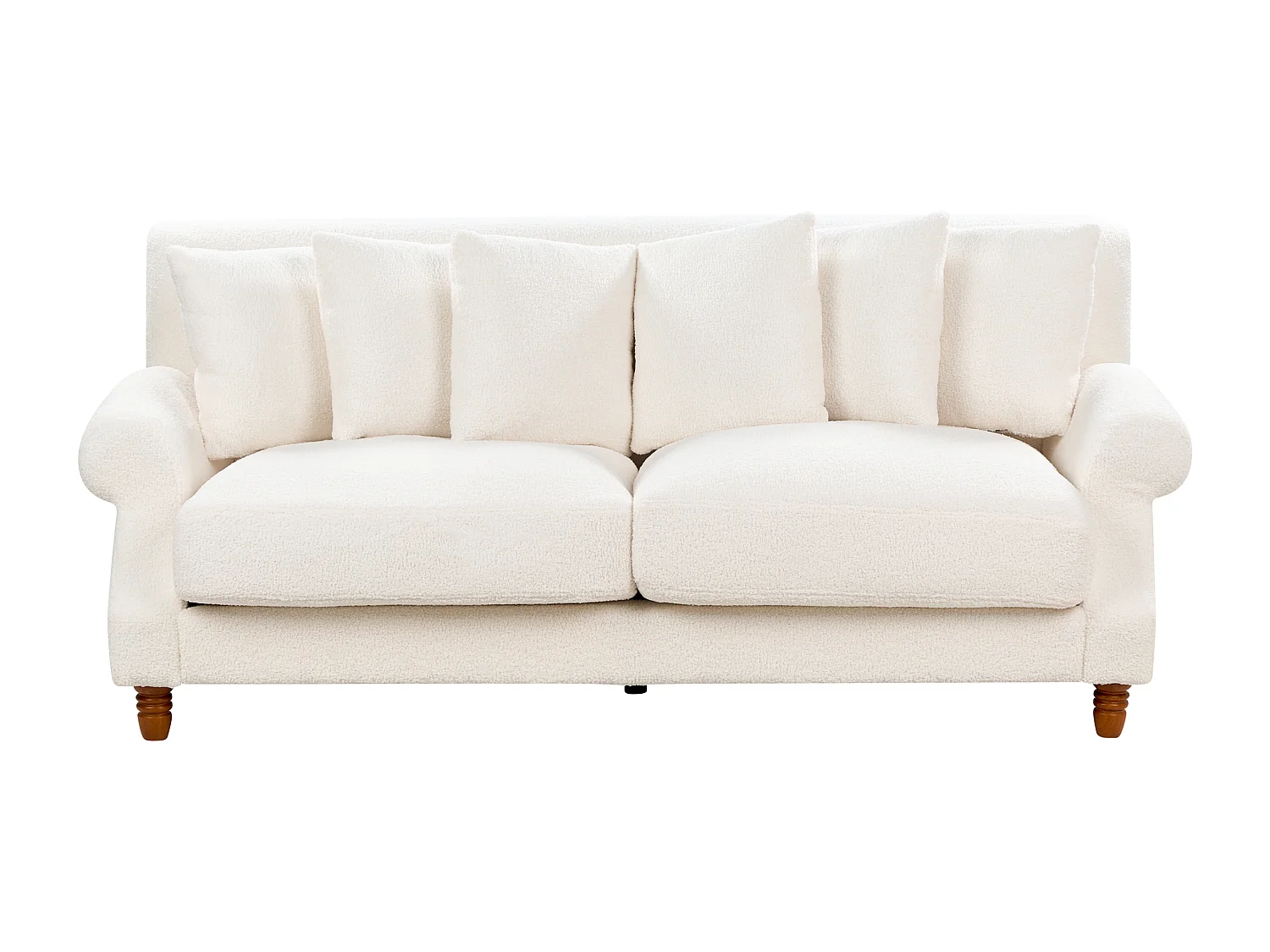 2-Sitzer Sofa Bouclé Stoffbezug weiß mit mehreren Kissen Polstersofa Retro Eike