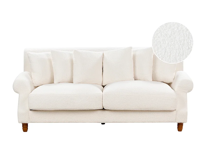 2-Sitzer Sofa Bouclé Stoffbezug weiß mit mehreren Kissen Polstersofa Retro Eike