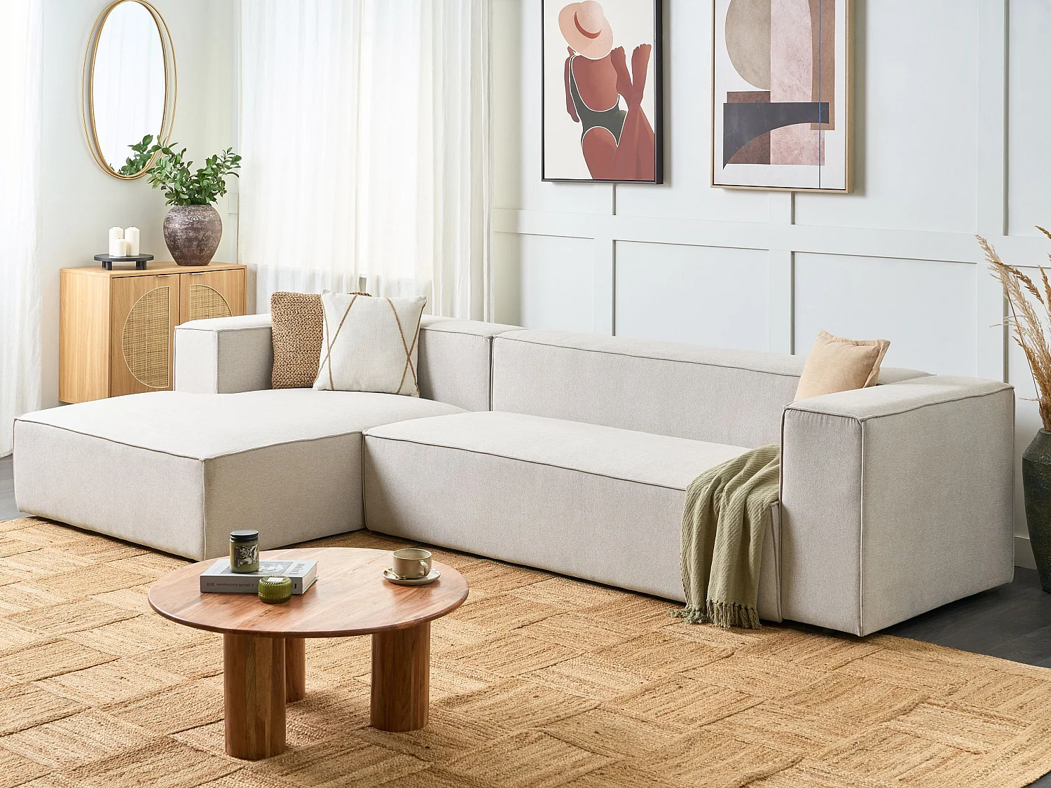 3-Sitzer Ecksofa L-förmig beige mit Chaiselongue rechts breite Armlehnen Vernon
