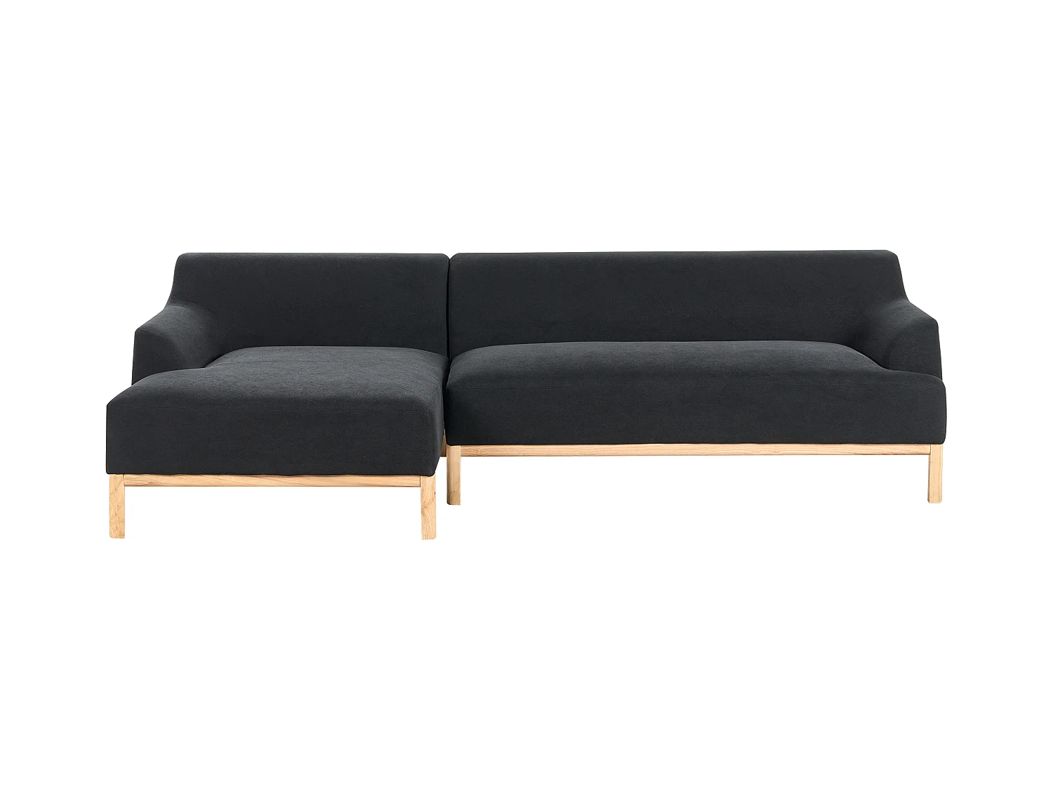3-Sitzer Ecksofa Stoffbezug schwarz mit Chaiselounge rechts hohe Holzbeine Sosjo