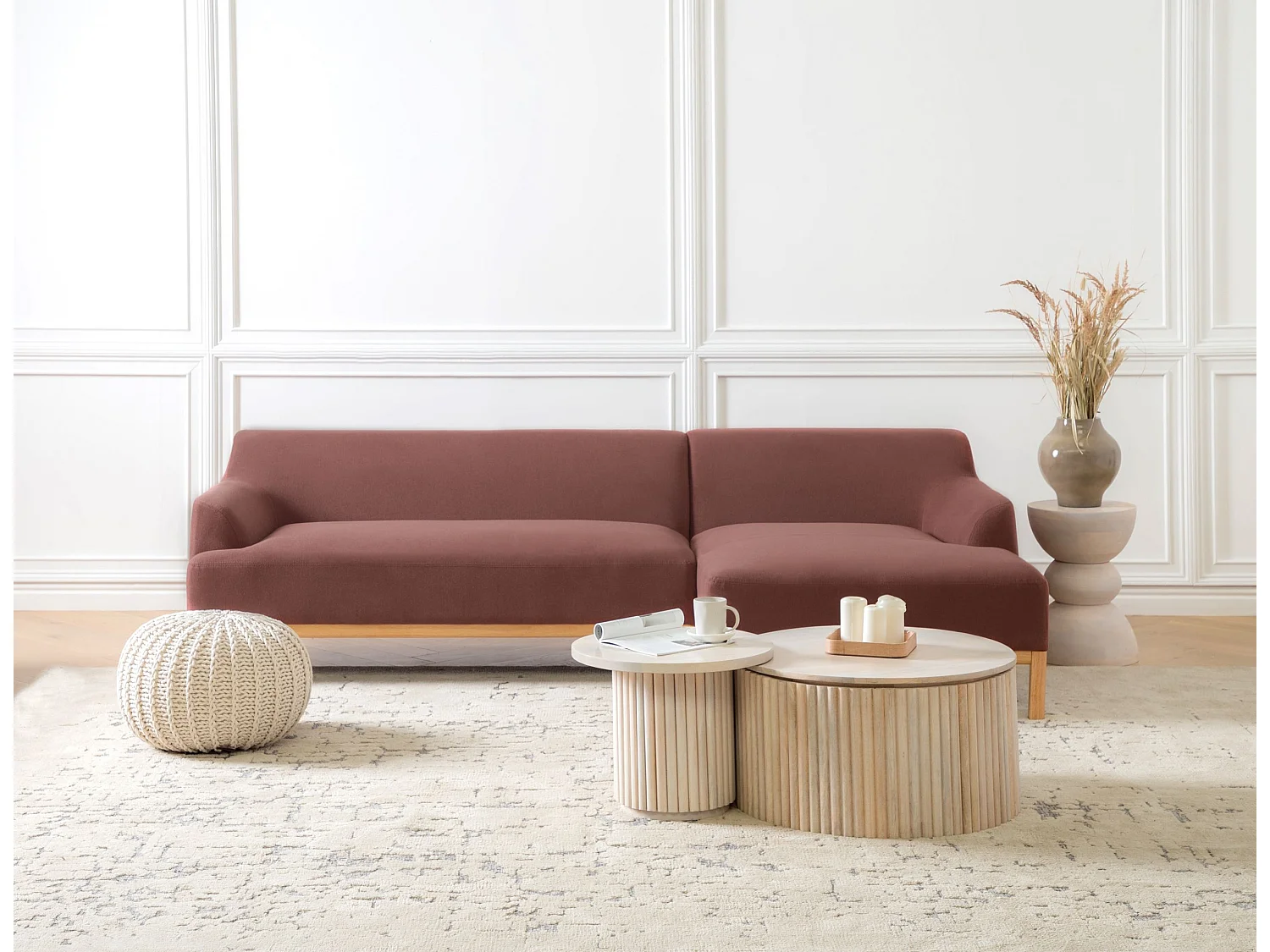 Ecksofa SOSJO Stoff Burgunderrot 3-Sitzer linksseitig